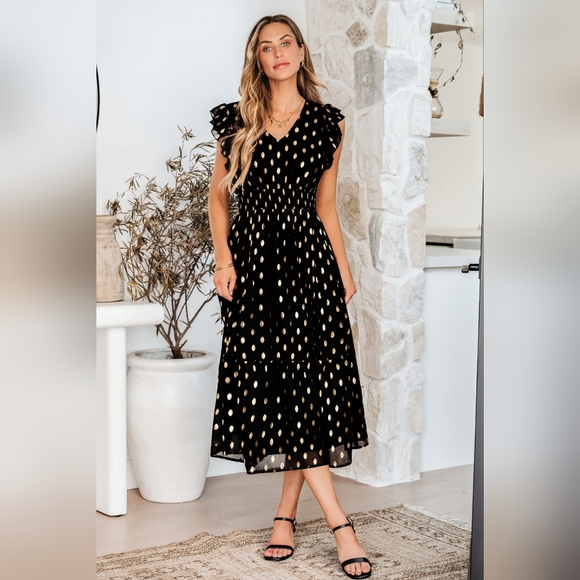 Lulus Sheer Metallic Polka Dot Ruffle Smocked Tie Cocktail Wedding Guest Dress - Picture 11 of 11